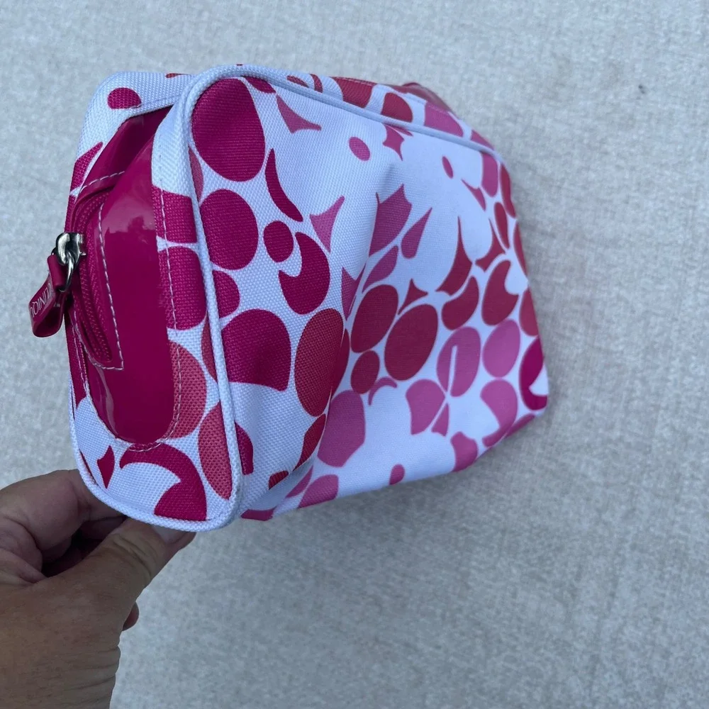 Clinique 2 Piece Makeup Bag Set Pink White Floral Polka Dot Cosmetic Travel Pouc